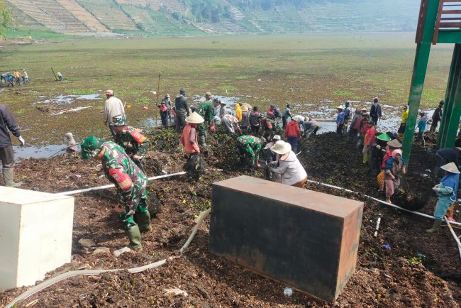 Danramil Ikuti Kerja Bakti Pembersihan Eceng Gondok bersama Masyarakat di Telaga Merdada   