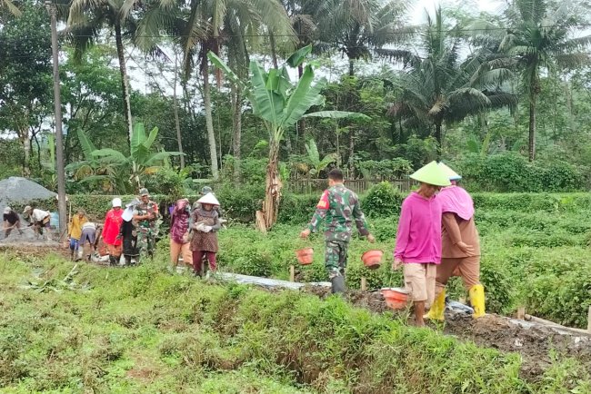 Gotong Royong Koramil Punggelan dan Warga Bangun Saluran Irigasi Sawah